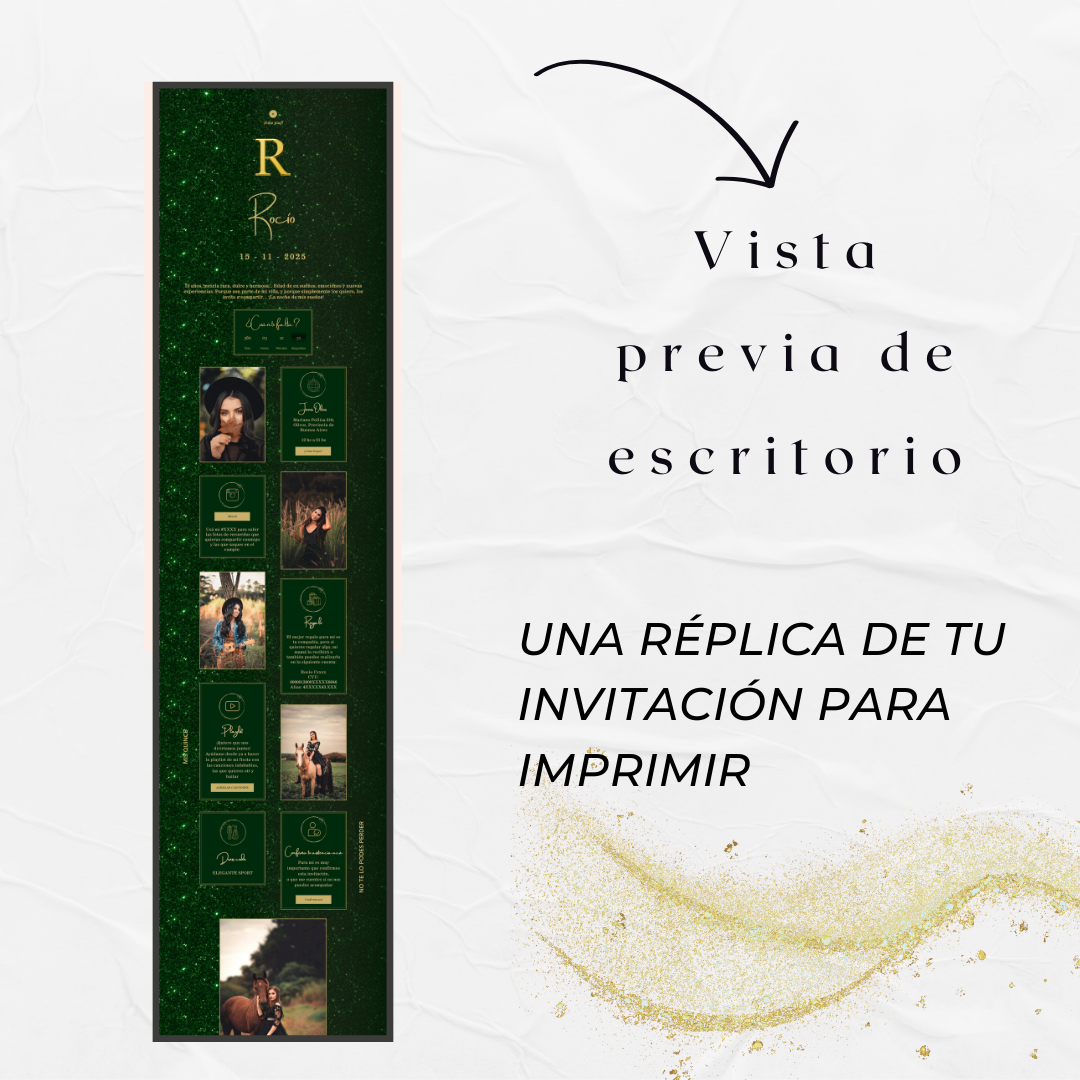 Invitación web en verde y dorado